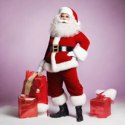 A flamboyant drag queen dressed as Santa Claus, featuring extravagant makeup, a fabulous red outfit with white fur trim, a voluminous beard, and a glittering bag full of gifts.