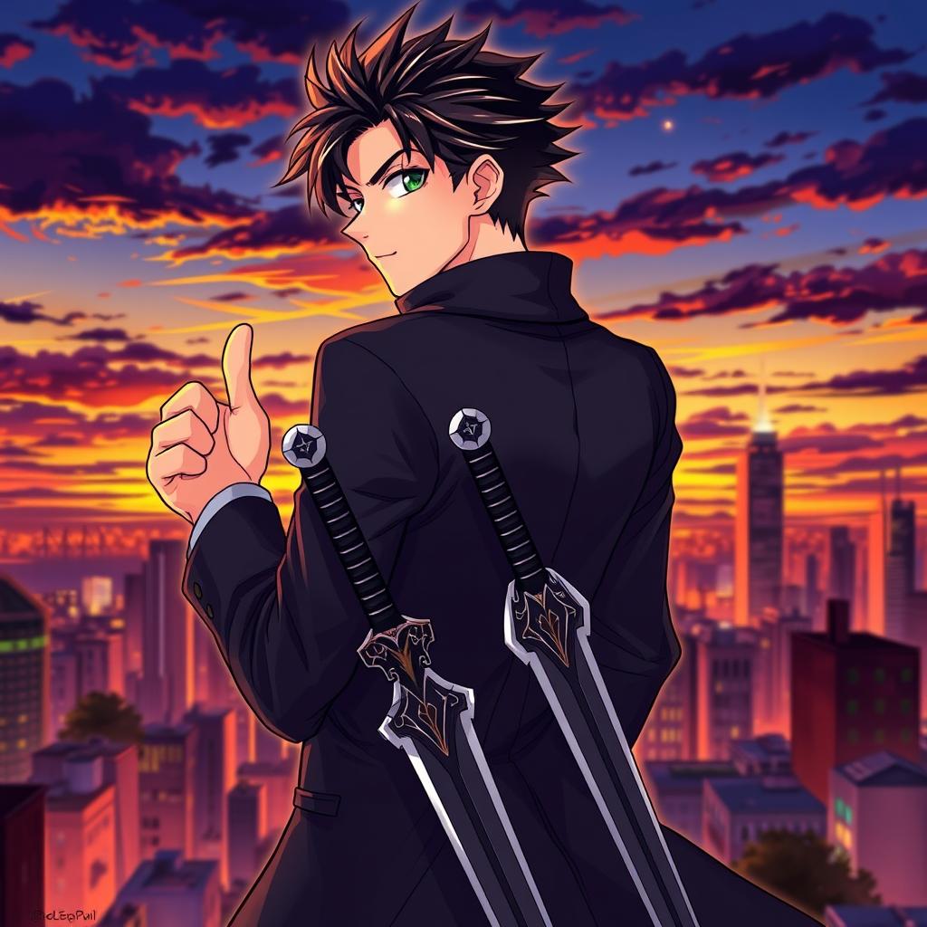 An anime-style illustration of a man with his back turned, giving a thumbs up while wearing a stylish black coat