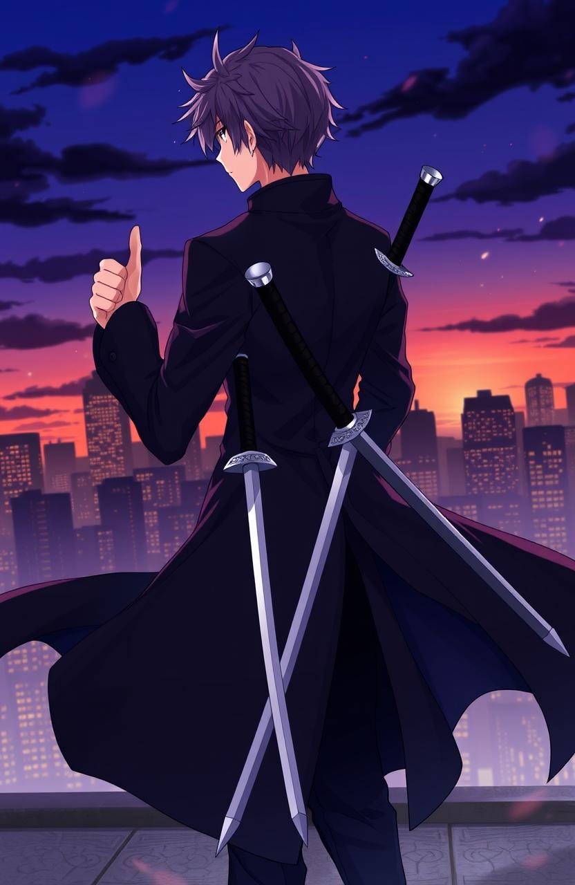 A male character in anime style, with his back turned to the viewer, giving a thumbs up