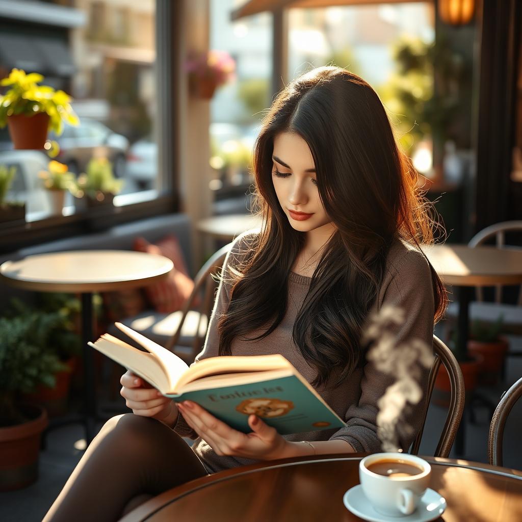 A beautiful brunette girl sitting at a café, deeply engaged in reading her book