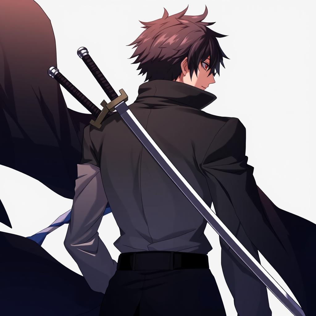 A male character in anime style, with his back turned to the viewer, depicted in a dramatic pose that showcases his sleek black coat flowing behind him