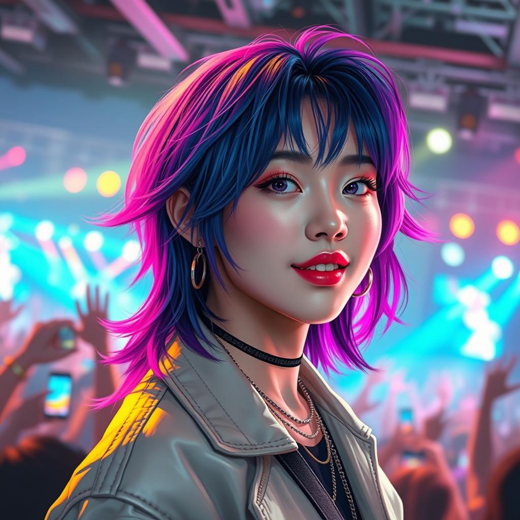 A captivating digital portrait of a beloved K-Pop artist known for their charisma and talent, with vibrant hair color and an expressive facial expression that showcases their personality