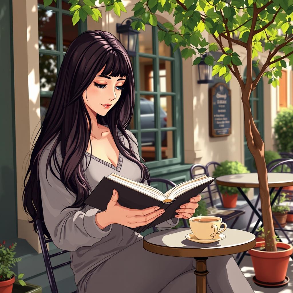 A beautiful brunette girl with long hair sitting in front of a charming café, absorbed in reading a book