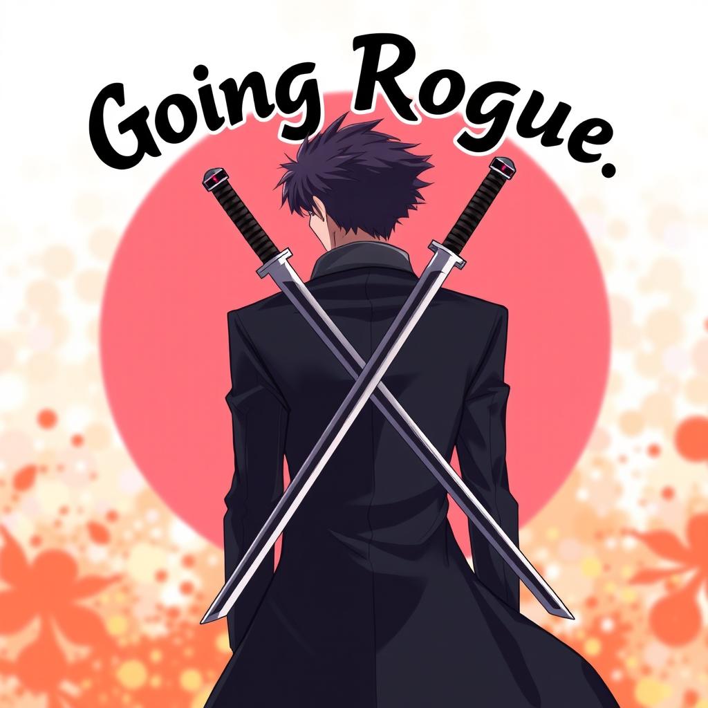 An anime-style illustration featuring a male character with his back turned, wearing a sleek black coat that flows dramatically behind him