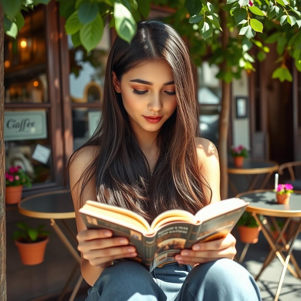 A beautiful brunette girl with long hair seated in front of a charming café, fully immersed in reading a book