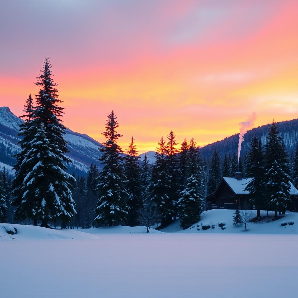 A serene and picturesque winter landscape with snow-covered mountains in the background, a tranquil frozen lake in the foreground surrounded by tall evergreen trees dusted with snow