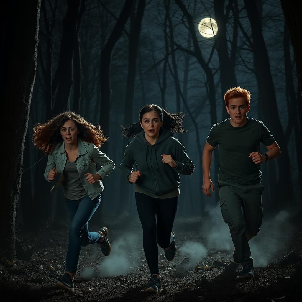 Three young adults running in fear through a dark, eerie forest at night