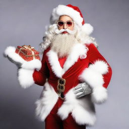 A flamboyant drag queen dressed as Santa Claus, featuring extravagant makeup, a fabulous red outfit with white fur trim, a voluminous beard, and a glittering bag full of gifts.