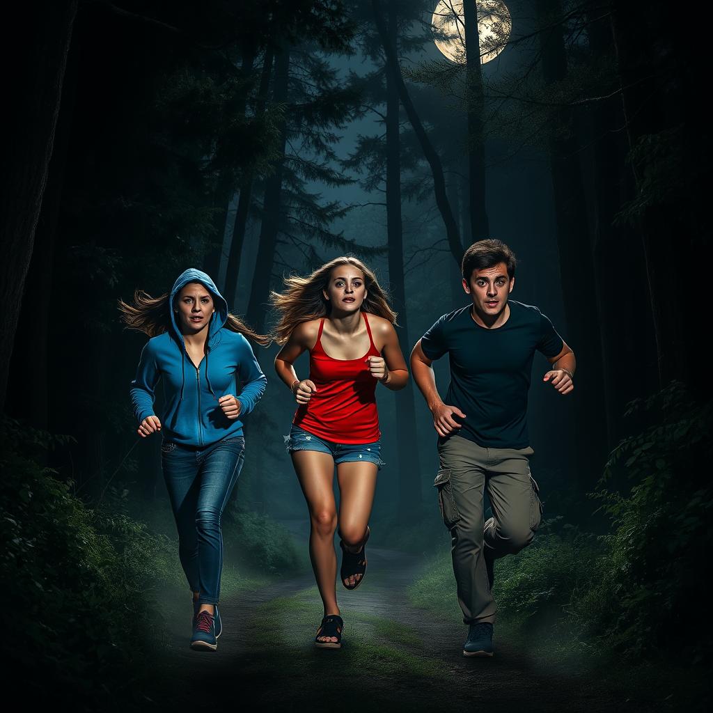 Three young adults, two women and one man, are running terrified through a dense forest at night