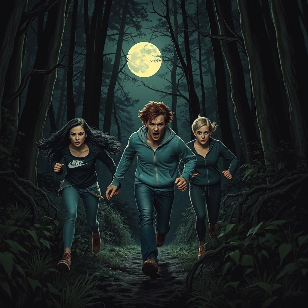 Three teenagers running terrified through a dense, dark forest at night