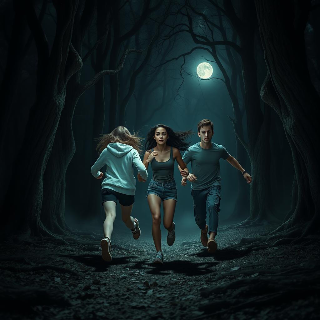 Three teenagers, two women and one man, are running through a dark, dense forest at night