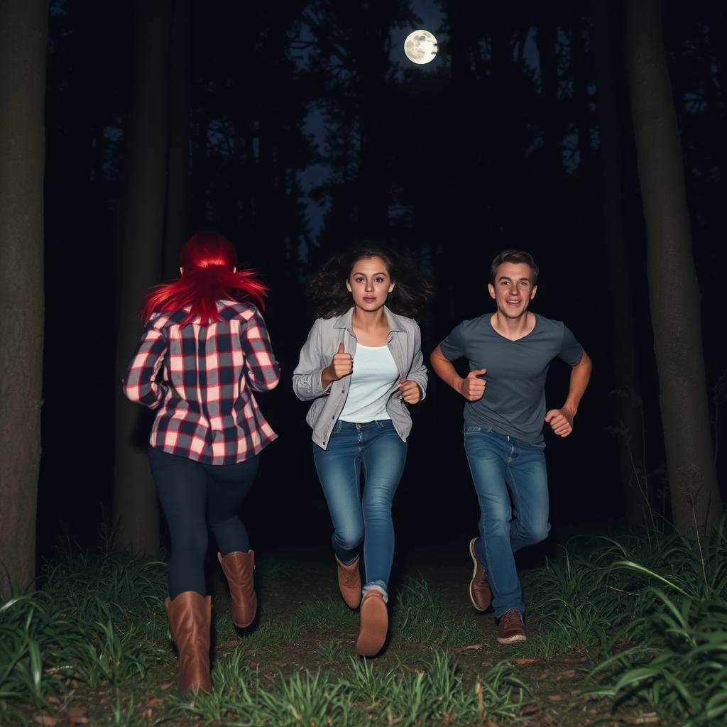 Three terrified teenagers, consisting of two women and one man, are sprinting through a dark and eerie forest at night
