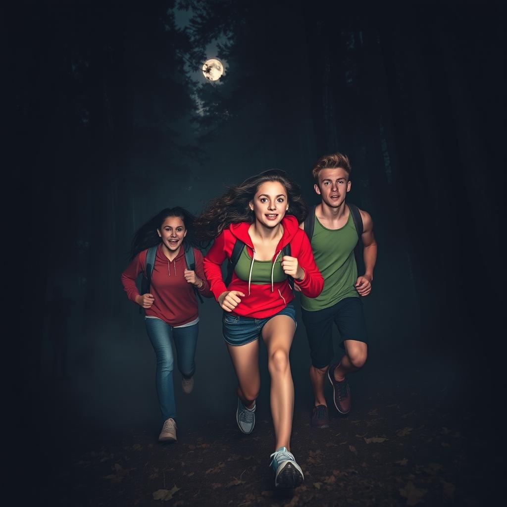 Three teenagers running through a dark, ominous forest at night