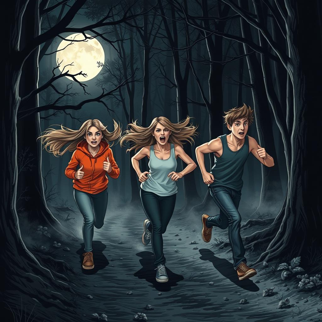 Three teenagers (two women and one man) running fearfully through a dense forest at night