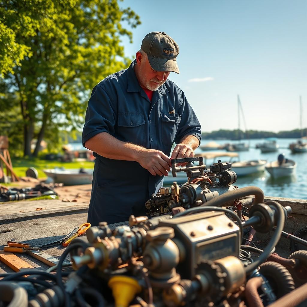 A skilled mechanic working on a vintage boat, surrounded by an assortment of tools and spare parts