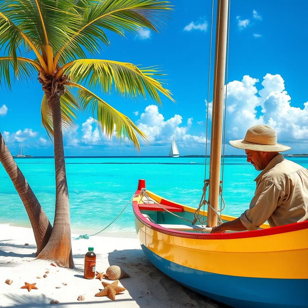 A skilled sailor repairing a colorful boat on a sunny day in the Bahamas