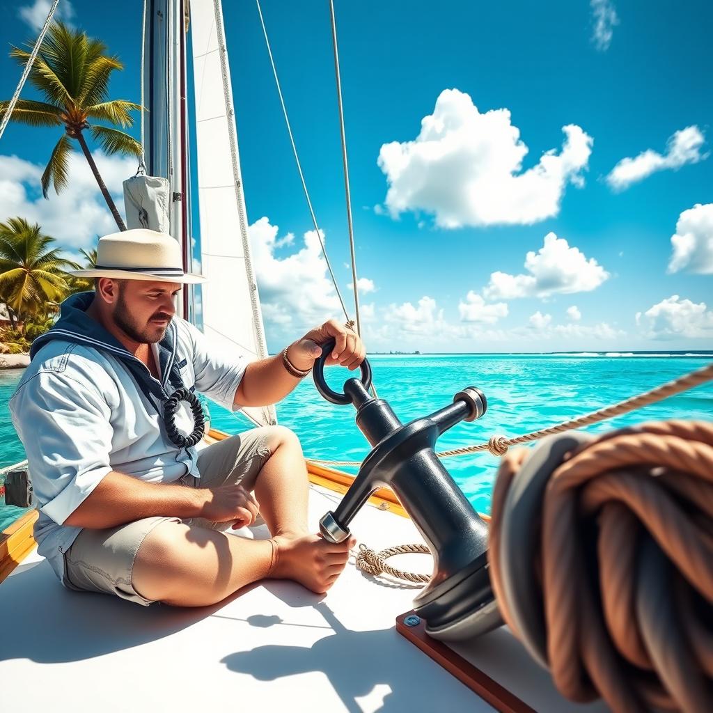 A sailor repairing an anchor on a boat in the beautiful Bahamas