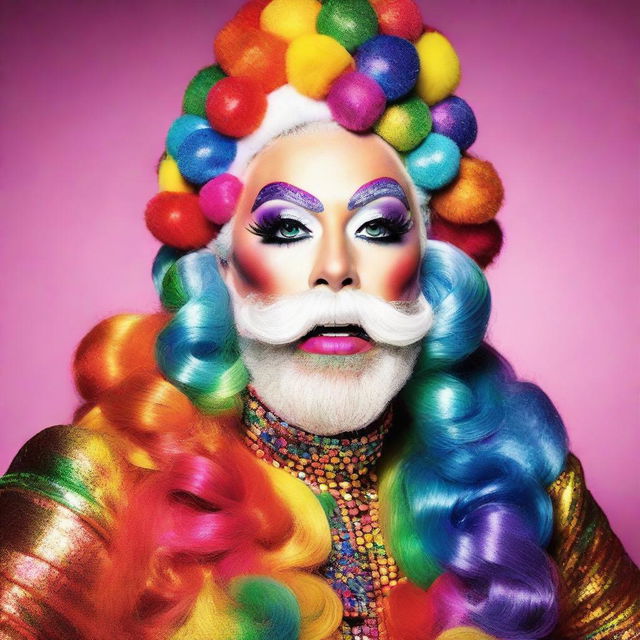 A vibrant, Technicolor image of a Drag Queen Santa, adorned with a dazzling rainbow-themed Santa suit, colorful makeup, and a shining multicolored beard.