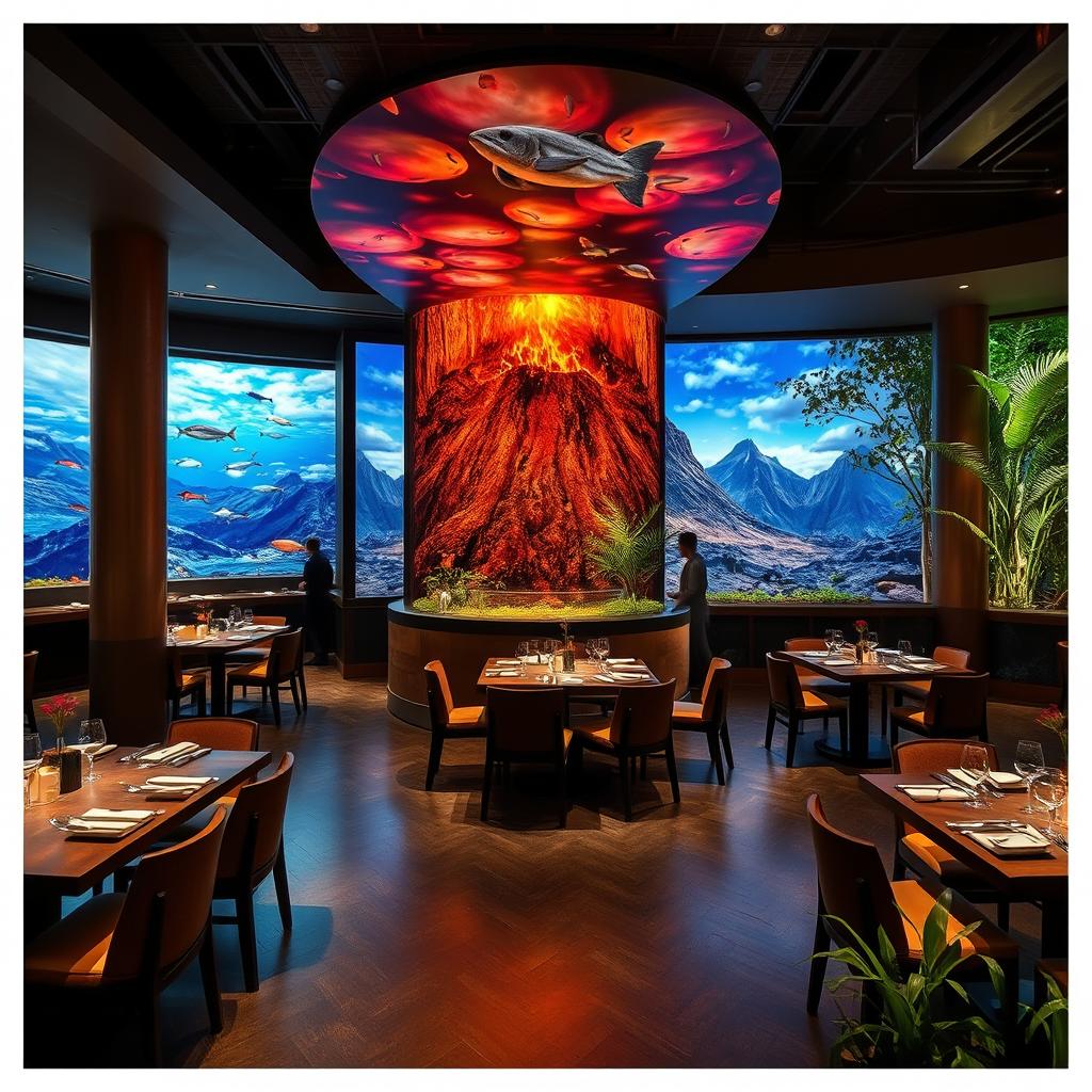 A creative and inviting restaurant concept inspired by the ecosystems of the Galápagos Islands, showcasing a unique fusion of signature cuisine with sustainable local ingredients