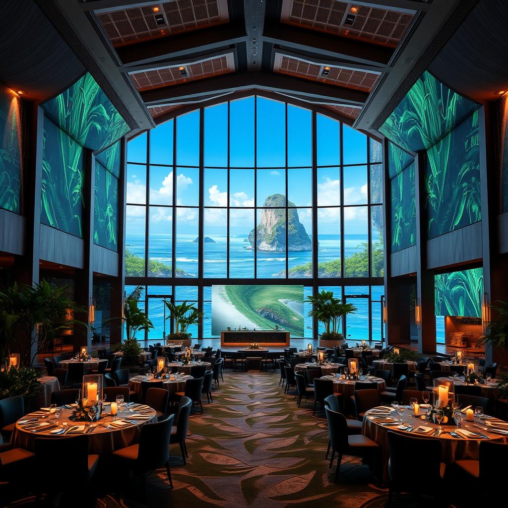 A luxurious event hall designed for high-end gatherings, emphasizing a connection with nature