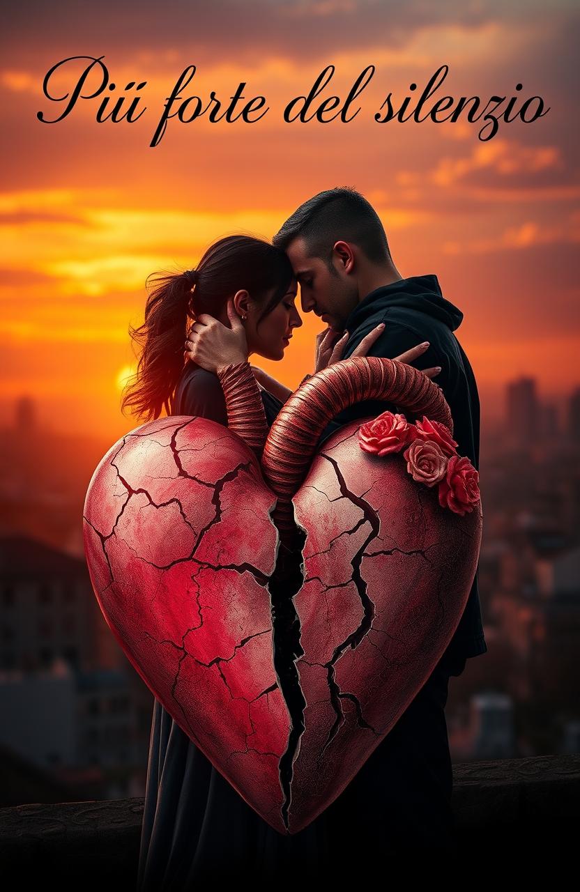 A dramatic scene depicting two enemies who have fallen in love, standing closely together in an intense yet tender moment