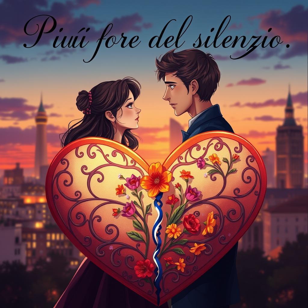 A captivating scene illustrating two former enemies who have transformed their relationship into love, set against a backdrop of a city skyline during twilight
