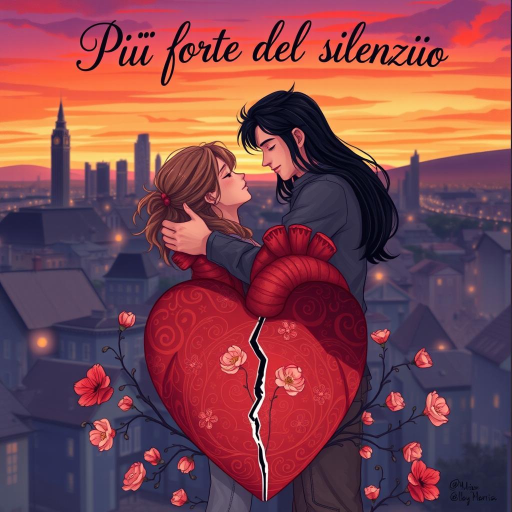 An emotional illustration showcasing two enemies embracing as lovers, framed by a vivid city skyline at dusk