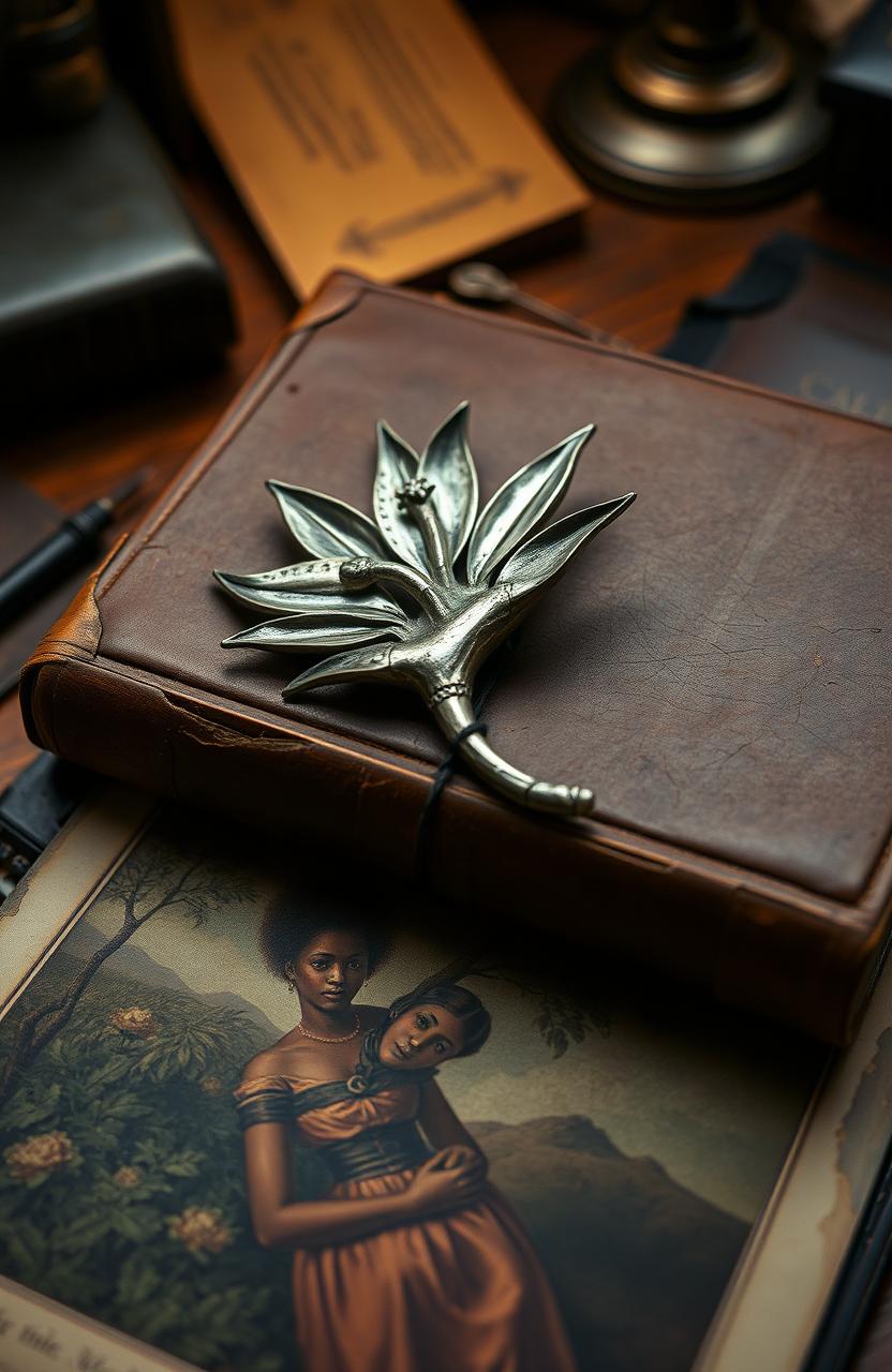 A tarnished and stained silver brooch shaped like a bird of paradise flower resting on an old, beaten leather-bound diary with yellowed pages