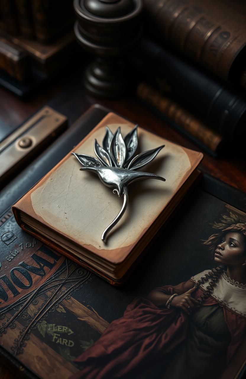 A tarnished and stained silver brooch shaped like a bird of paradise flower resting on an old, beaten leather-bound diary with yellowed pages