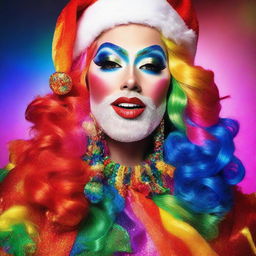 A vibrant, Technicolor image of a Drag Queen Santa, adorned with a dazzling rainbow-themed Santa suit, colorful makeup, and a shining multicolored beard.