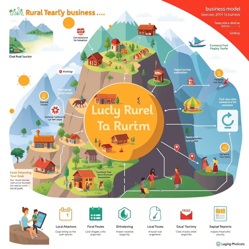 A detailed and creative illustration of a digital business model specifically designed for rural tourism