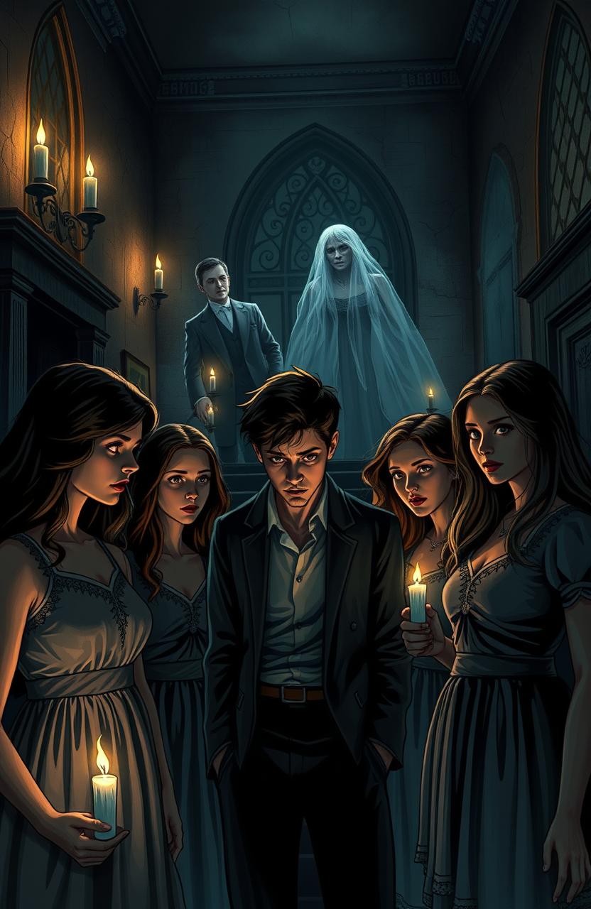 A dark, eerie scene set in the abandoned Hammersmith Manor, featuring the five friends exploring the mansion