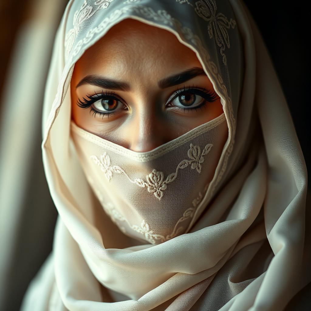 A stunning woman wearing a niqab that covers her entire face except for her captivating eyes