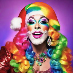 A vibrant, Technicolor image of a Drag Queen Santa, adorned with a dazzling rainbow-themed Santa suit, colorful makeup, and a shining multicolored beard.