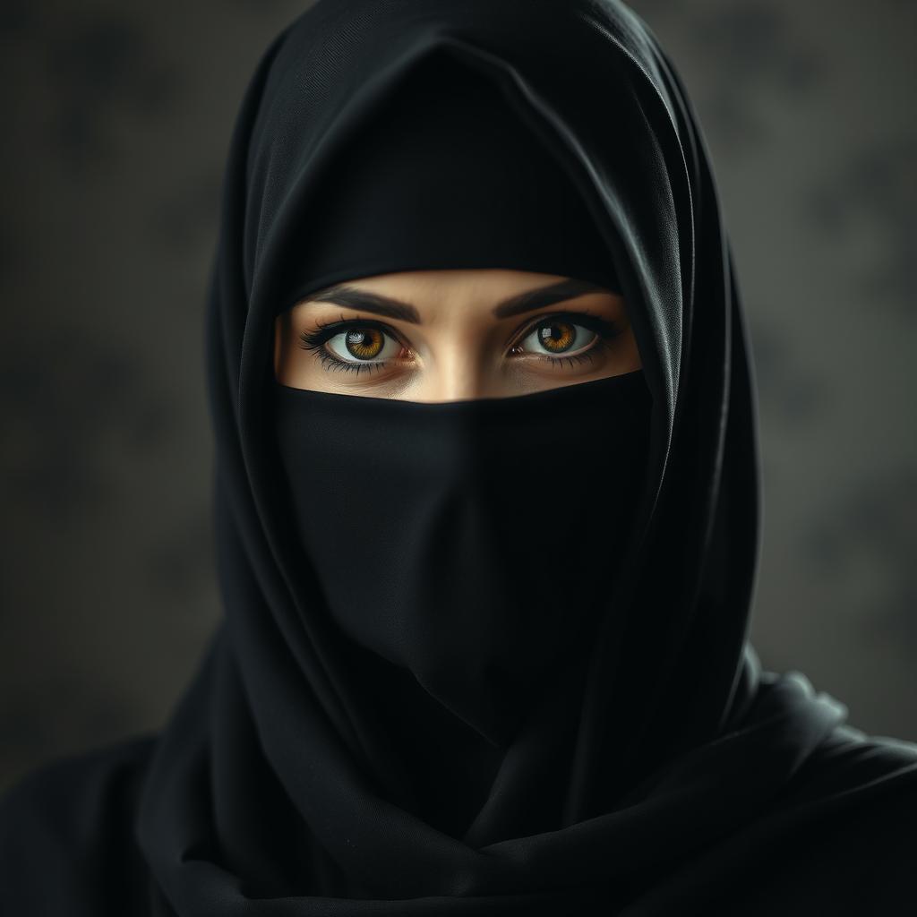 A mysterious and elegant woman clad in a black niqab and a full black outfit