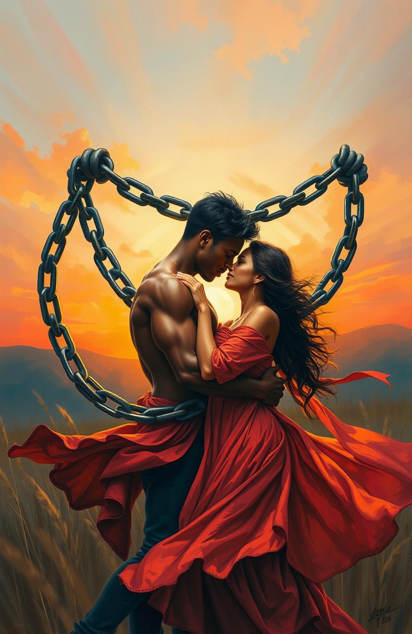 A powerful and emotional scene depicting the themes of freedom, desire, love, and slavery