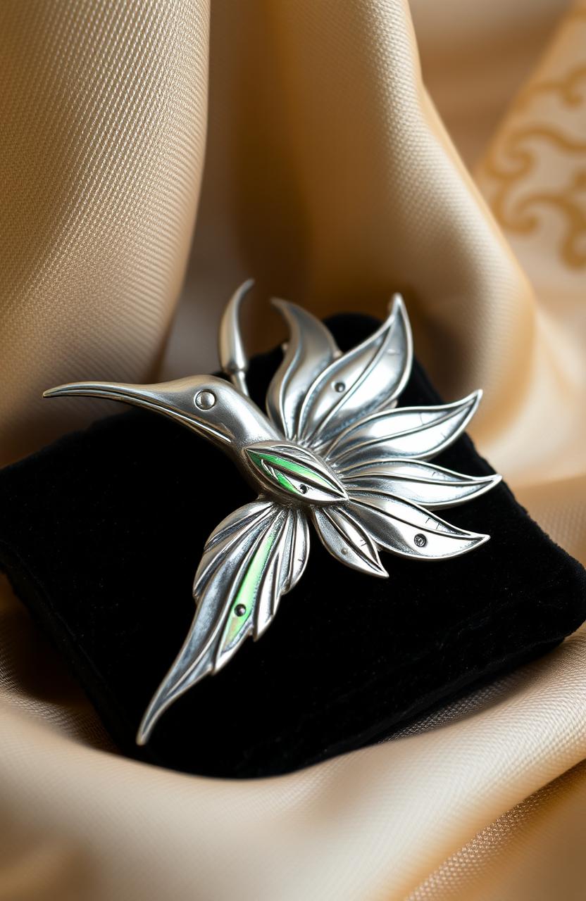 A beautifully designed tarnished brooch featuring a silver bird of paradise
