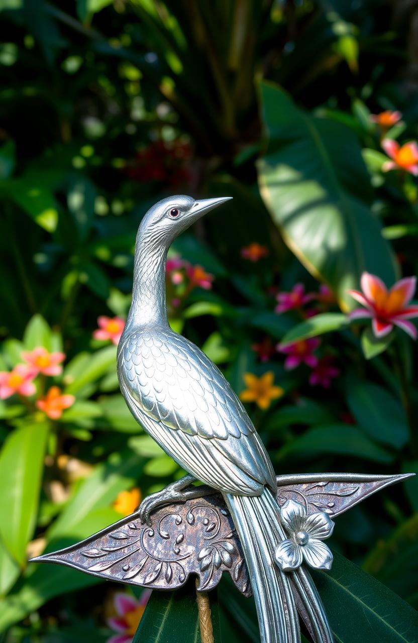 A stunning silver bird of paradise perched elegantly on a tarnished brooch adorned with intricate floral patterns, set against the lush, vibrant backdrop of a tropical plantation filled with exotic greenery and colorful blooms