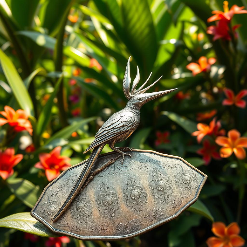 A beautifully detailed silver bird of paradise elegantly perched on a tarnished brooch, which features intricate engravings, set within a lush plantation filled with vibrant tropical foliage and colorful flowers