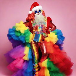 A full-body portrait of a Drag Queen Santa in technicolor, flaunting a rainbow-inspired Santa suit with extravagant accessories, bright makeup, sparkling high-heeled boots, and a multicolored beard.