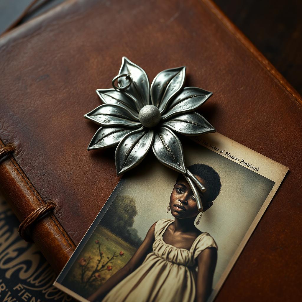 A book cover featuring a tarnished and stained silver brooch shaped like a bird of paradise flower