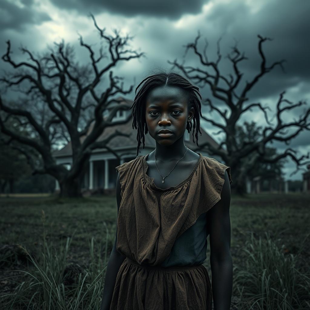 A haunting scene set on a historical plantation, showcasing a young woman dressed in tattered, worn clothing that reflects her status as a slave