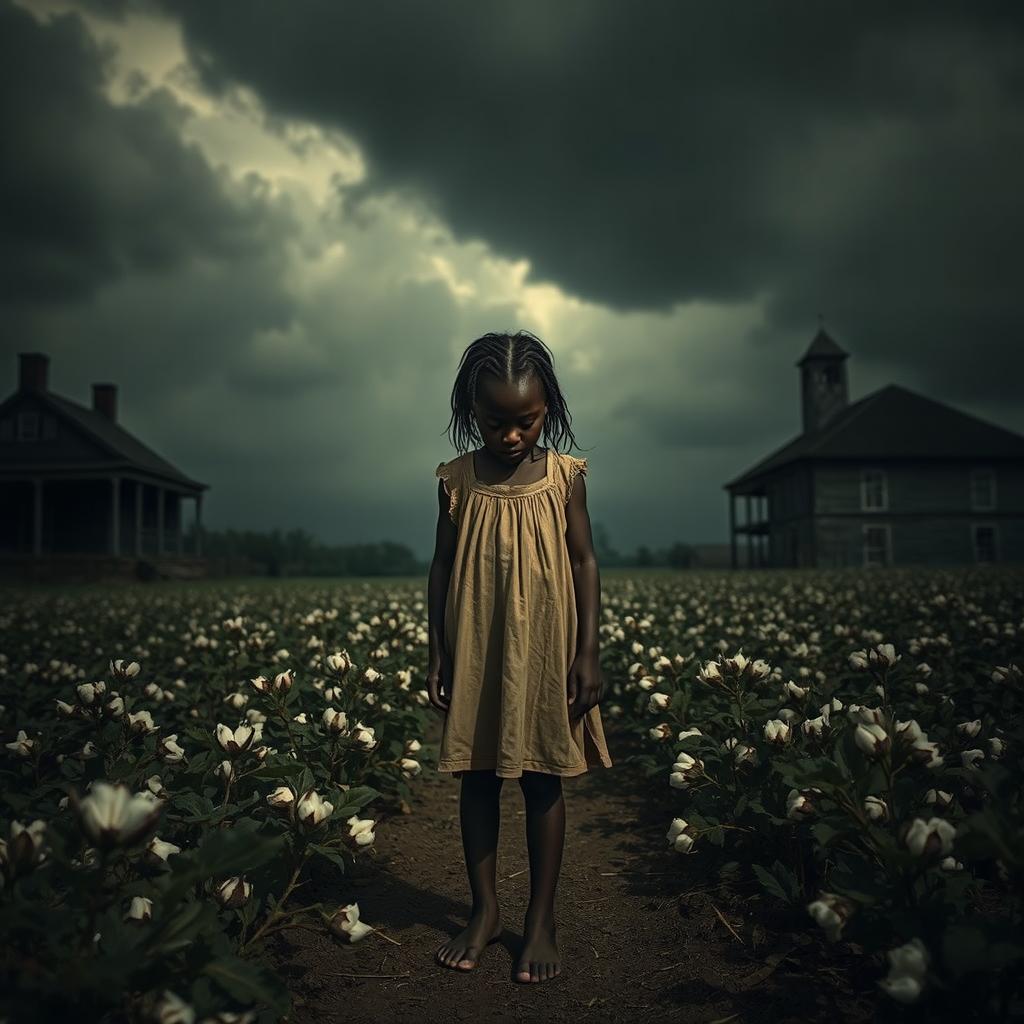 A haunting and foreboding scene depicting a young enslaved girl on a plantation