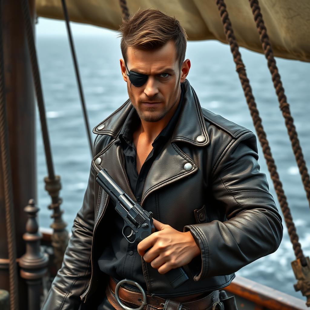 A rugged 30-year-old sailor and pirate named Kaelan, featuring a tanned face with striking green eyes, adorned with short stubble