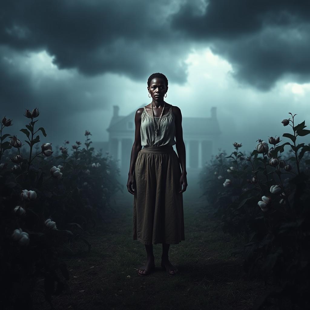A haunting scene featuring a slave woman standing in the midst of a plantation