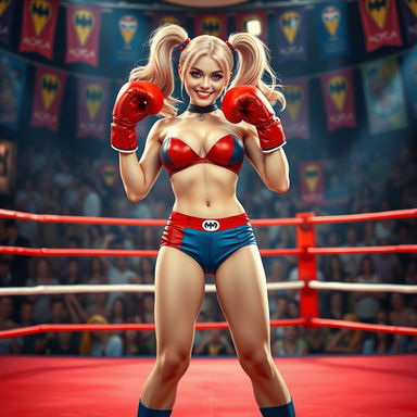 A vibrant and dynamic scene featuring Harley Quinn in a striking red and blue bikini, wearing red boxing gloves