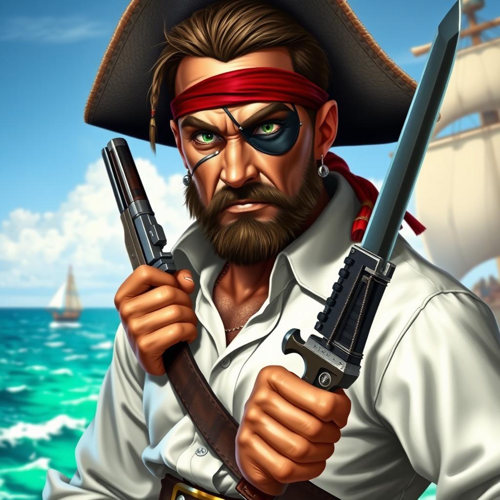 A fierce 30-year-old pirate characterized by his tanned face, vivid green eyes, and short stubble