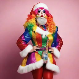 A full-body portrait of a Drag Queen Santa in technicolor, flaunting a rainbow-inspired Santa suit with extravagant accessories, bright makeup, sparkling high-heeled boots, and a multicolored beard.