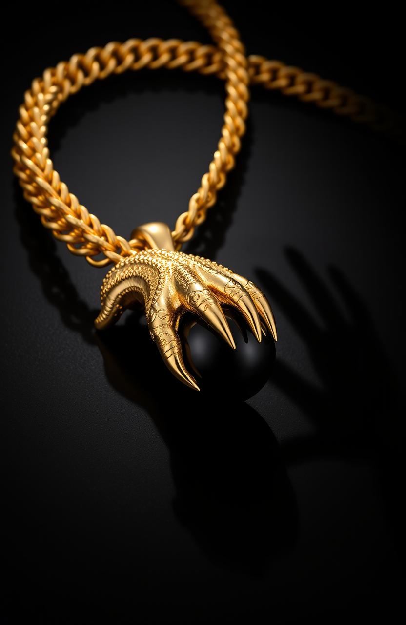 A beautiful, luxurious golden collar featuring a feline paw pendant, which holds a glossy obsidian sphere delicately grasped between its claws