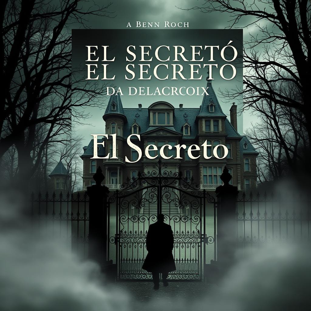 A captivating book cover for 'El Secreto de la Casa Delacroix', showcasing an ornate, old mansion with gothic architecture surrounded by misty woods